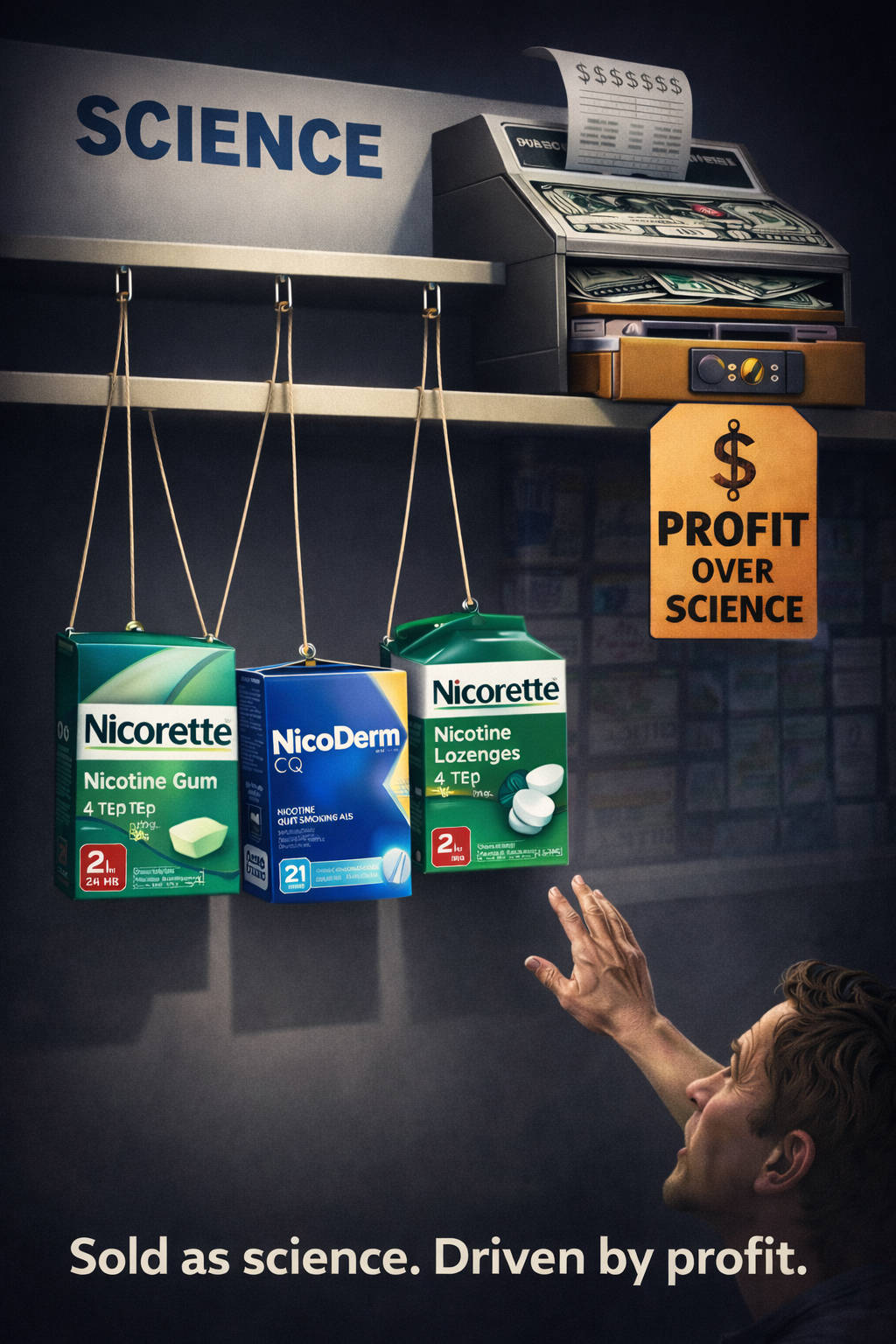 Nicotine replacement products hanging like puppets from strings connected to a cash register, symbolizing profit controlling cessation products.