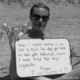 Megan holding a sign telling how she quickly became addicted.