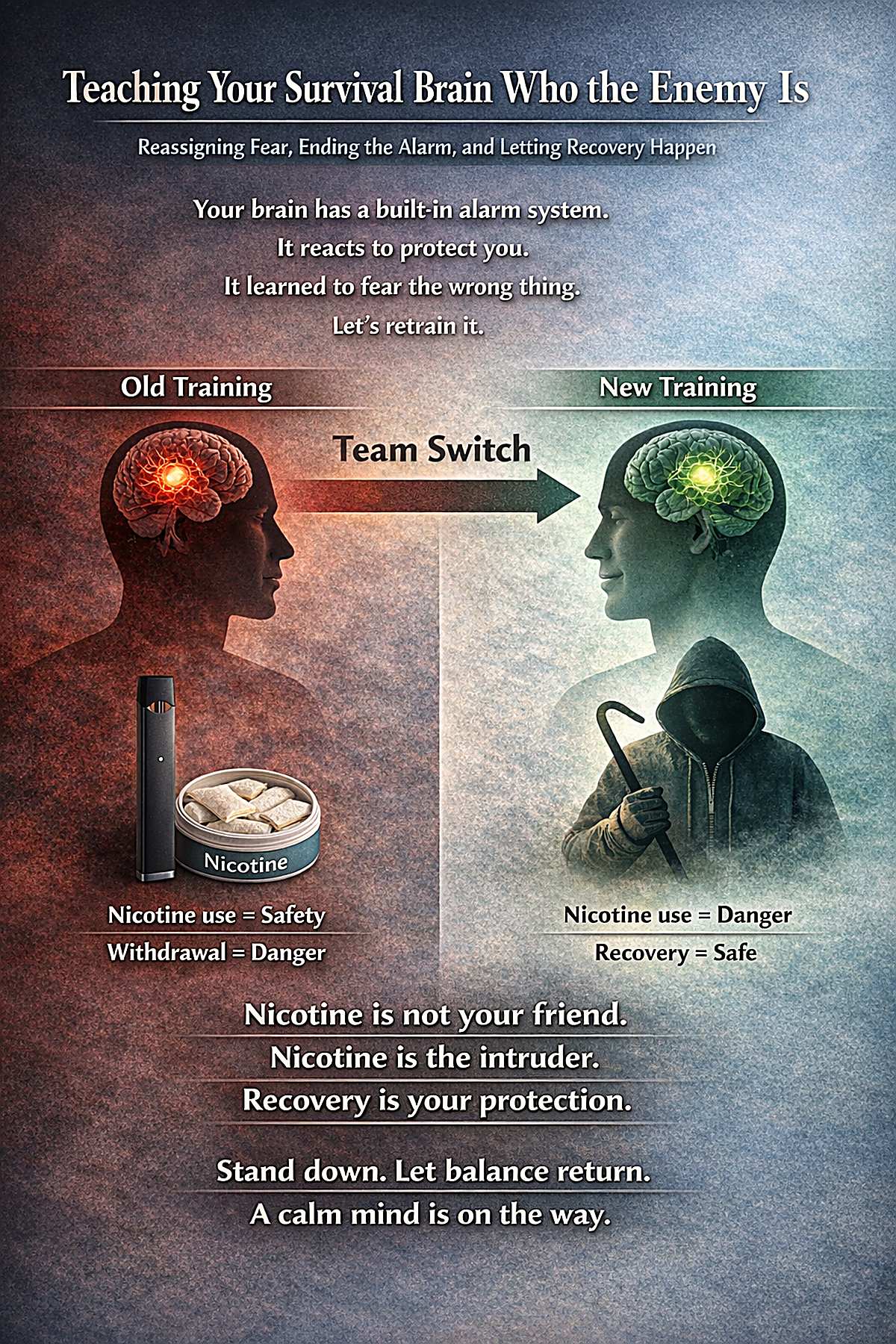 Team Switch infographic showing old training: nicotine use equals safety and withdrawal equals danger; new training: nicotine use equals danger and recovery equals safe.