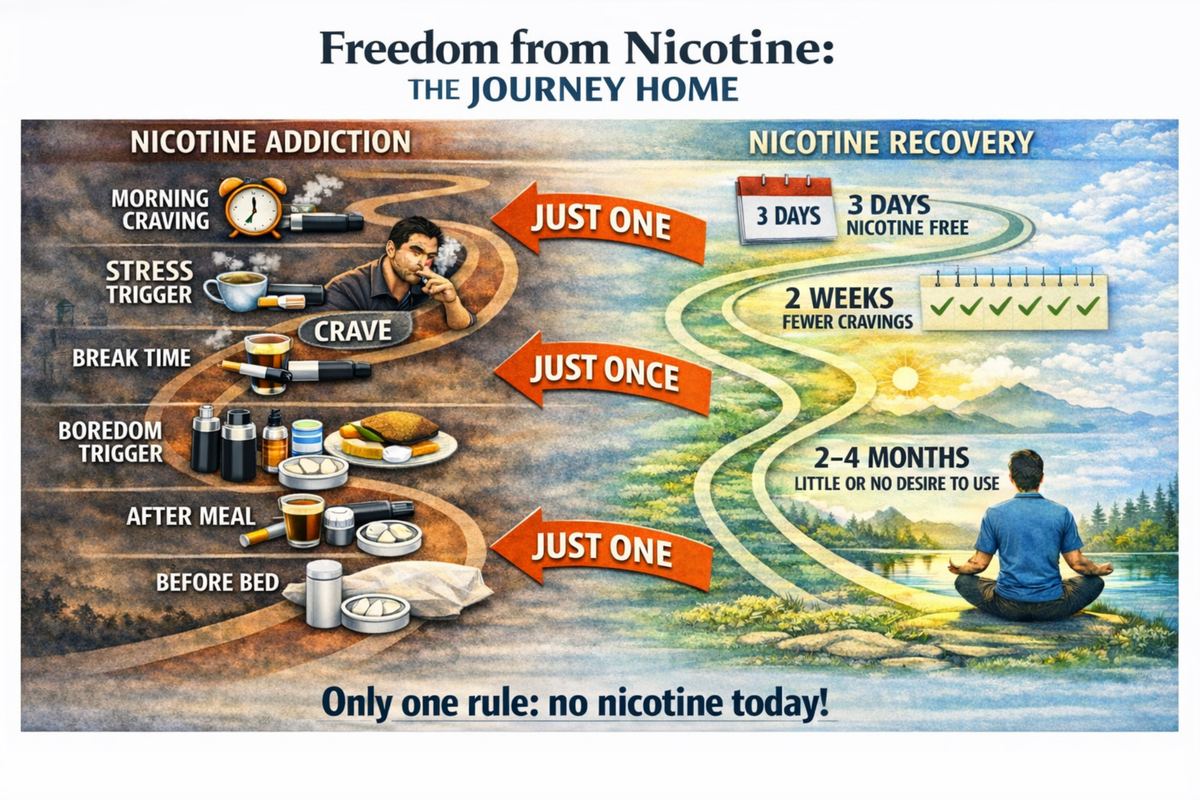 Illustration showing nicotine addiction triggers on one path and nicotine recovery milestones on another, with arrows warning that 'just one' can pull a quitter back into addiction.