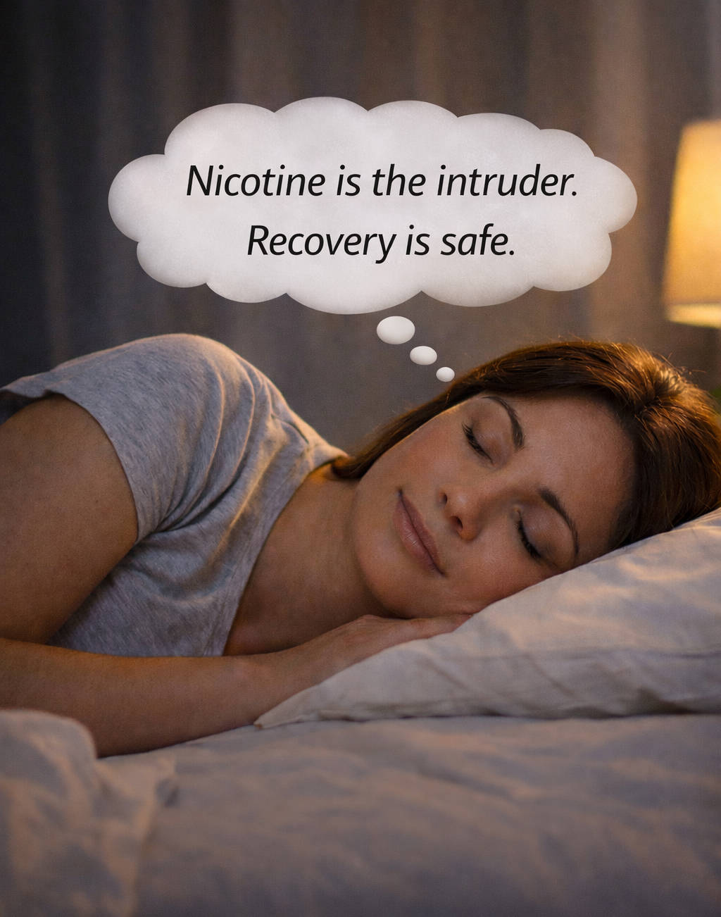 A woman drifting toward sleep, calmly thinking: Nicotine is the intruder. Recovery is safe.