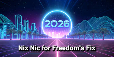 A desert night silhouette of a moon above a city, palm trees and mountains captioned 2026: Nix Nic for Freedom's Fix