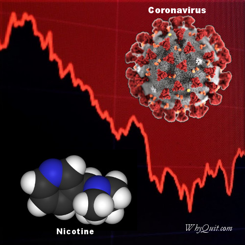 Coronavirus and nicotine molecules on either side of a falling stock market graph